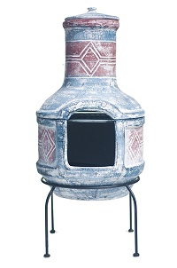 Buschbeck Feuerstelle mit blau rotem Muster auf Stahlgestell